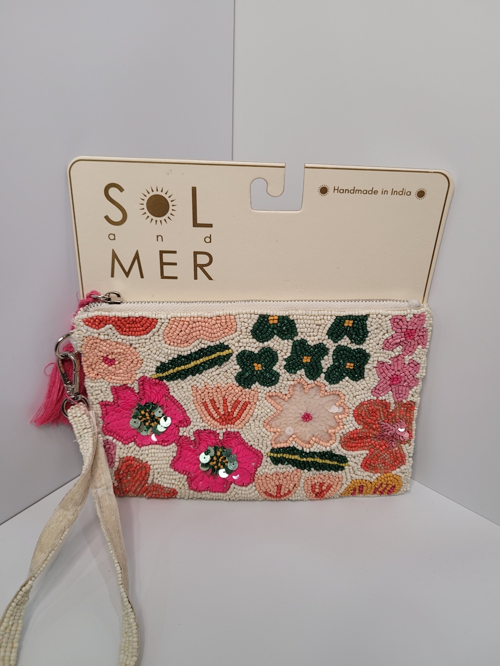 Sol and Mer Floral Beaded Wristlet Pouch - Pink & Cream